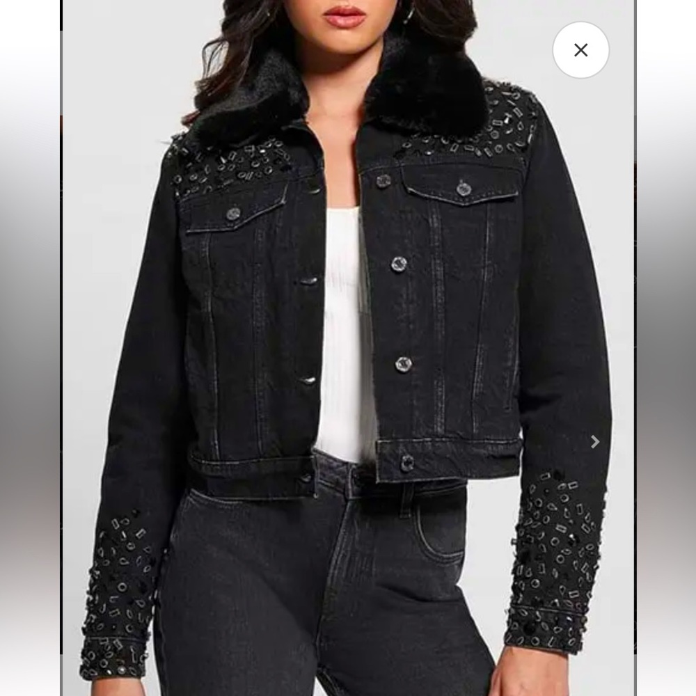 GUESS Doria Black Denim Shearling Jacket New
